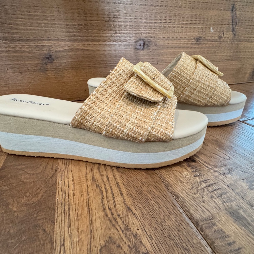 New Pierre Dumas Saint Wedge Sandal Slide Woven Tortoise Buckle Size 10 - Picture 2 of 9